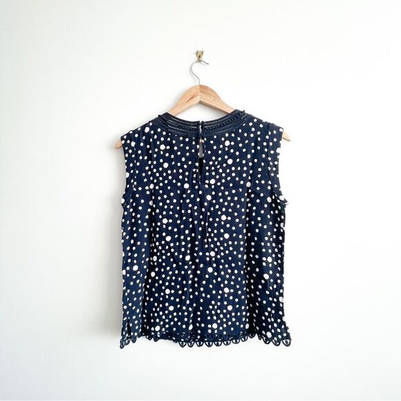 ANTHROPOLOGIE Meadow Rue Sanna Blouse Top Navy Blue White Dot Crochet Lace Trim - Picture 4 of 11